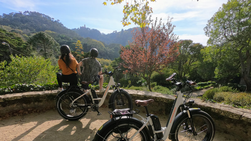 Jovem casal numa excursão de bicicleta desfrutando da vista do palácio da Pena em Sintra a partir de um belo jardim